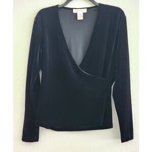 TOP/BLOUSE-CASUAL CORNER-Black Velvet-Low V-Neck Crossover-Long Sleeves-Size LRG